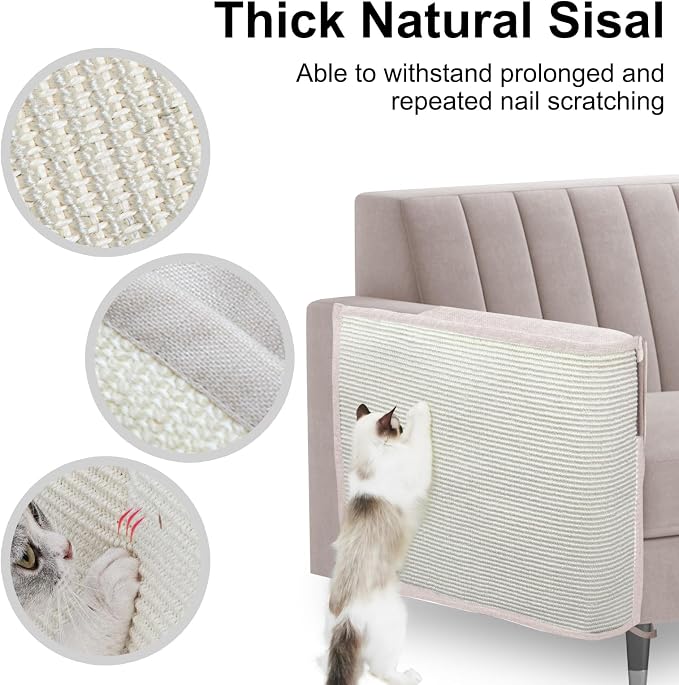Cat Scratch Sofa Protector,27.6”L*19.6“W Cat Scratch Furniture Protector Pad Couch Arm Sheild with Natural Sisal for Protecting Couch Sofa Chair Furniture（Beige/Right Handed - Image 3