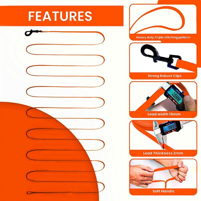 Waterproof Long Line Dog Leash, Padded Handle, 30 ft, Orange | Soft PVC-coated webbing with 360° swivel carabiner for swimming, tracking and rainy walks - Image 6