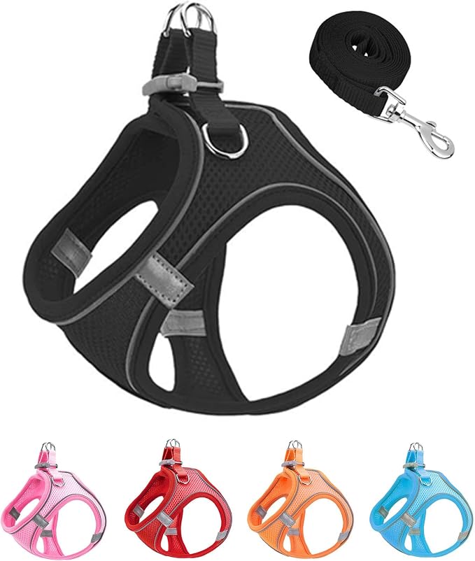 L Black Soft Mesh Dog Harness and Leash Set,No Escape Puppy Harnesses for Training Walking， Reflective Adjustable Puppy Vest for Small Medium Dogs, Cats (Black, L) by Unknown