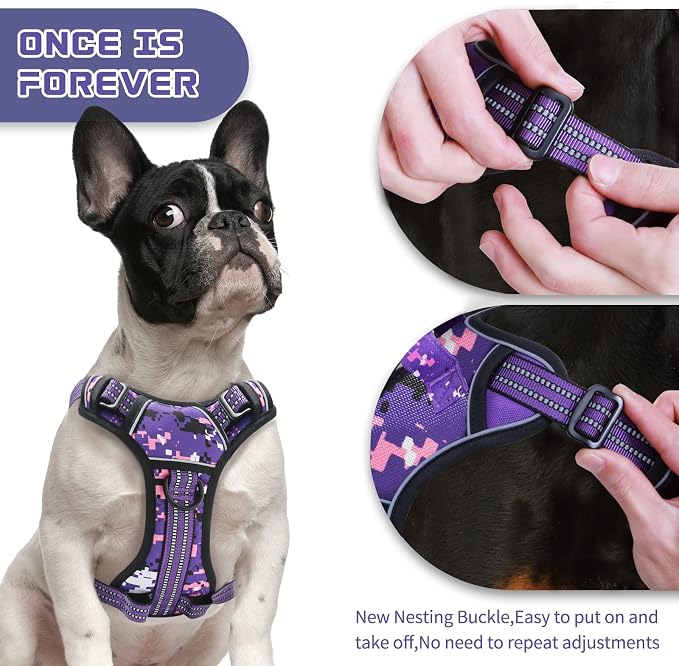 No Pull Dog Harness for Medium Dogs, Adjustable No Choke Pet Vest with Dog Leash Fit Smart Reflective Pet Walking Harness for Training Easy Control Soft Handle Purple Camo M - Image 2