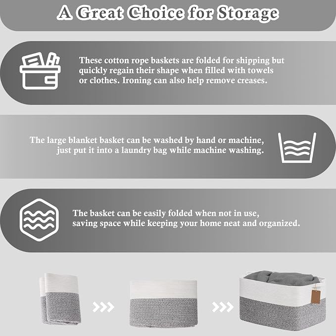 Goodpick 75L Extra Large Woven Rope Blanket Basket, Rectangle, Light Gray | 22" × 17" × 12" Decorative Storage Basket for Pillows & Clothes, Fits Bedroom & Nursery Organization, Reinforced Handles - Image 7