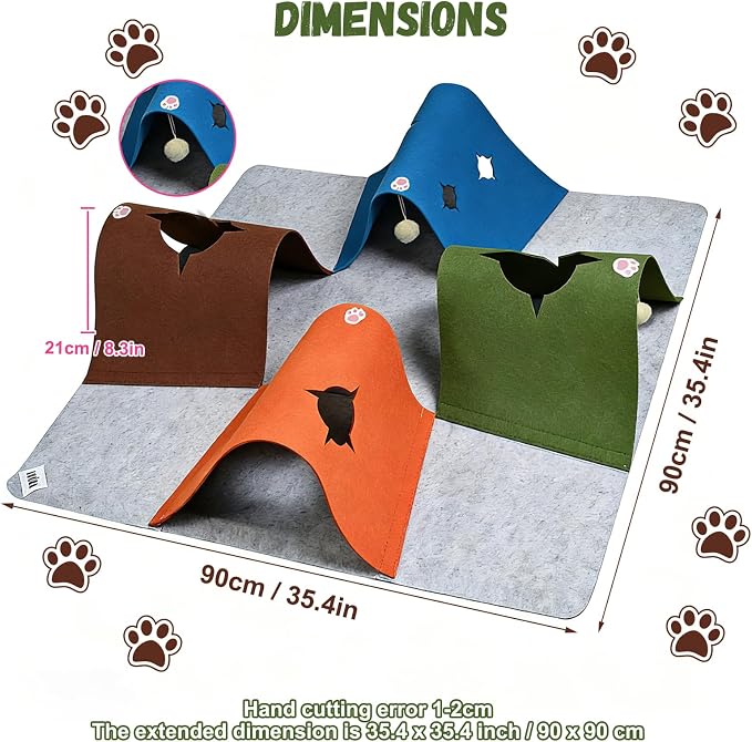 35.4" Cat Tunnels for Indoor Cats, Multi-Entrance Cat Toys, Multicolor | 4 Way Felt Interactive Pet Toy with Hidden Ball, Enrichment Activity Rug, Collapsible Cave for Kittens & Small Pets - Image 3