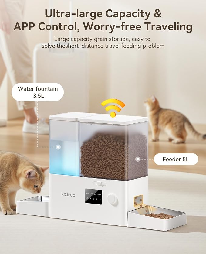 ROJECO 2-in-1 Automatic Cat Feeder & Water Dispenser,WiFi Control Feeding | 2.4G WiFi APP/Timed Feeding/5L Food Feeder,3.5L Water Fountain/Stainless Steel Bowls/Detachable Clean/White - Image 5