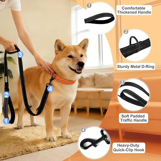 Heavy Duty Dog Leash with 2 Comfortable Padded Handles, 6 FT Traffic Handle Extra Control, Highly Reflective Threads Leash for Small/Medium/Large Dogs (Black) - Image 2