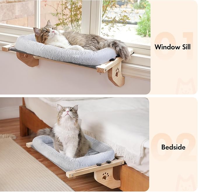 AMOSIJOY Cat Sill Window Perch Sturdy Hammock Window Seat with Cushion Bed Cover, Wood & Metal Frame for Large Cats, Easy to Adjust Cat Bed for Windowsill, Bedside, Drawer and Cabinet(Cushion Bed) - Image 7