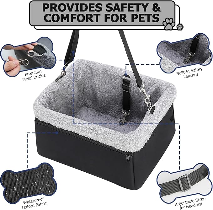 Dog Car Seat for Small Pets Under 20lbs, Booster Seat with Metal Frame, Double-Layer Oxford Fabric, Safety Leash for Dogs and Cats - Image 3