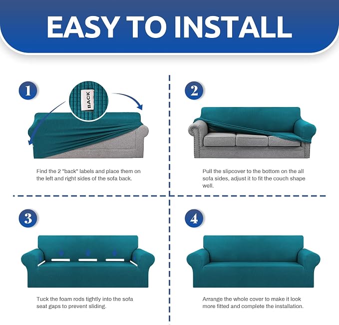 KEKUOU Stretch Couch Covers for Sofa, 3 Cushion Couch Slipcover,Peacock Blue - Image 7