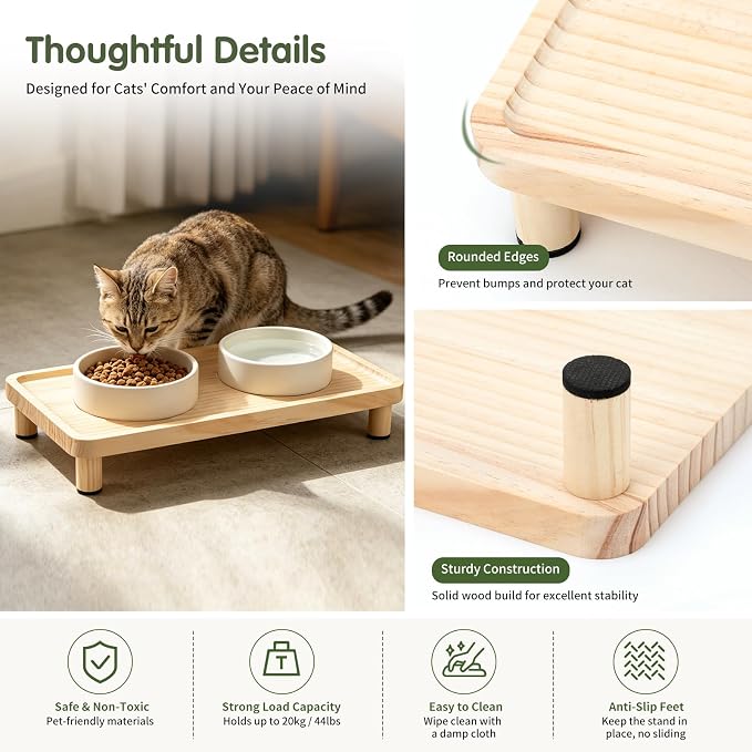 Cat Food Stand, Elevated Cat Feeding Station for Bowls & Feeders | Raised Rim Bowl Support, For Automatic Feeders & Bowls, Non-Slip Feet, Tool-Free Assembly, 15.8 x 9.8 in Wood Platform - Image 7