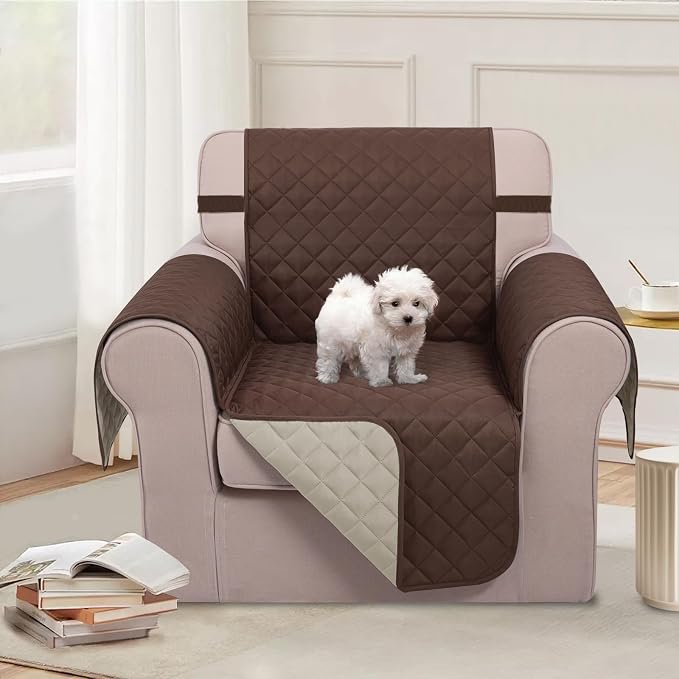 U-NICE HOME Reversible Recliner Chair Covers, Coffee/Beige | 23''Armchair Cover for dogs Washable, Pet Friendly, Elastic Straps, Water Repellent, Diamond Quilted - Image 2