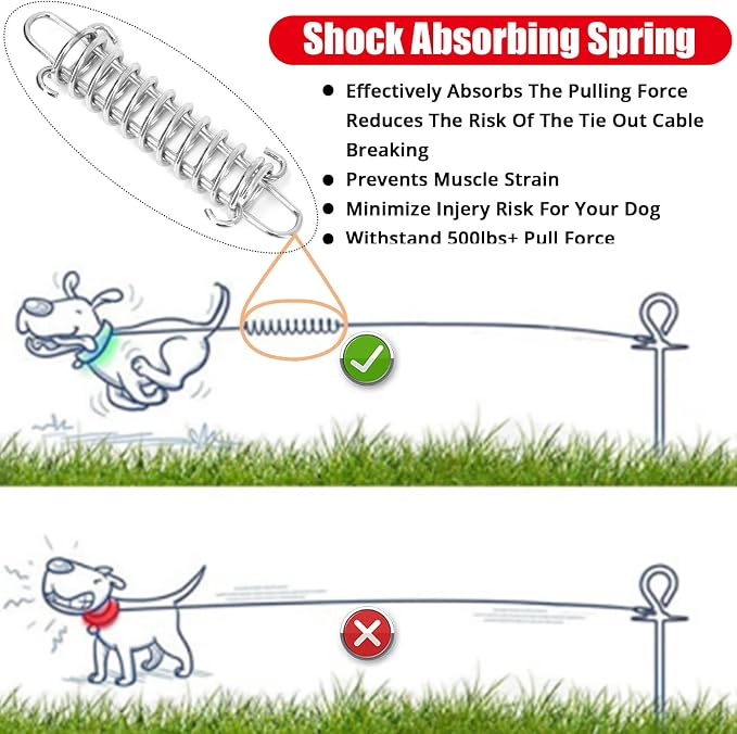 jenico Dog Tie Out Cable - 40 ft Heavy Duty Dog Lead for Yard | Outdoor Runner Cable with Swivel Hook and Shock Spring for Small Medium Large Dogs Up to 500 lbs Dog Tether for Yard Camping - Image 2