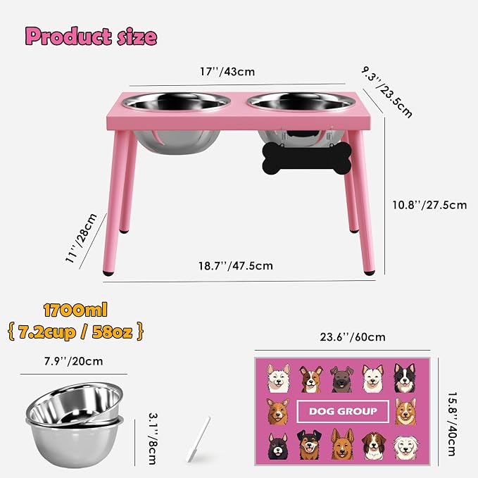 Adjustable Elevated Dog Bowl Stand with Slow Feeder, 2 x 58oz Stainless Steel Bowls, Raised Food and Water Holder for Medium and Large Dogs, Pink - Image 3