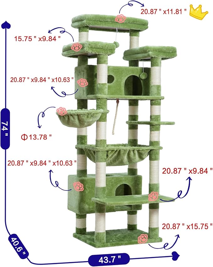 Cat Tree, 74" Tower for Large Cats, Big Condo Hammock CCT030GR | Heavy duty, 3 Big Platforms, 2 Baskets, 2 Condos, Multi-Level Scratching Posts, Indoor Cats Large Adult 20 lbs+, Green - Image 3