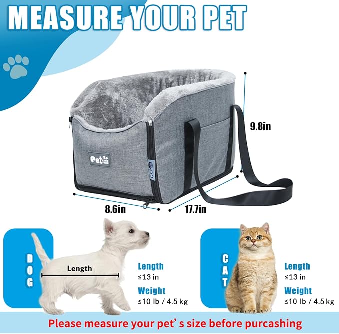 Pet Car Center Console Elevated Armrest Car Seat for Small Puppy, Dogs & Cats (Up to 10 lbs) – Dark Gray Washable Plush Carrier with Safety Leash, Fits Front Vehicle Console Space (Grey) - Image 2