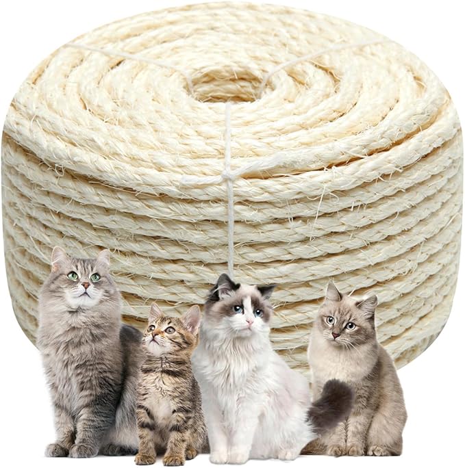 White Sisal Rope 1/4 Inch by 32-Feet for Cat Scratching Post Tree Tower Replacement Repair and Replace, DIY Hemp Twine Rope for Kittens Shelves Furniture Window Bed Perch House Climbing, 6mm by 10m by Juomid