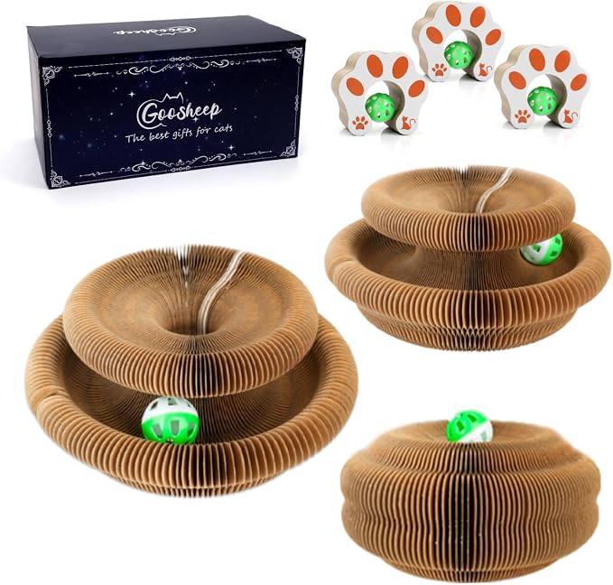 Goosheep 3 Pack Cardboard Cat Scratcher Board,Accordion Toy for Indoor Cats | Magic Organ Cat Scratching Post Sharpening Claws, Foldable Cat Toy with Bell, Exercise&Play for Indoor Small&Medium-Sized Cat by Goosheep