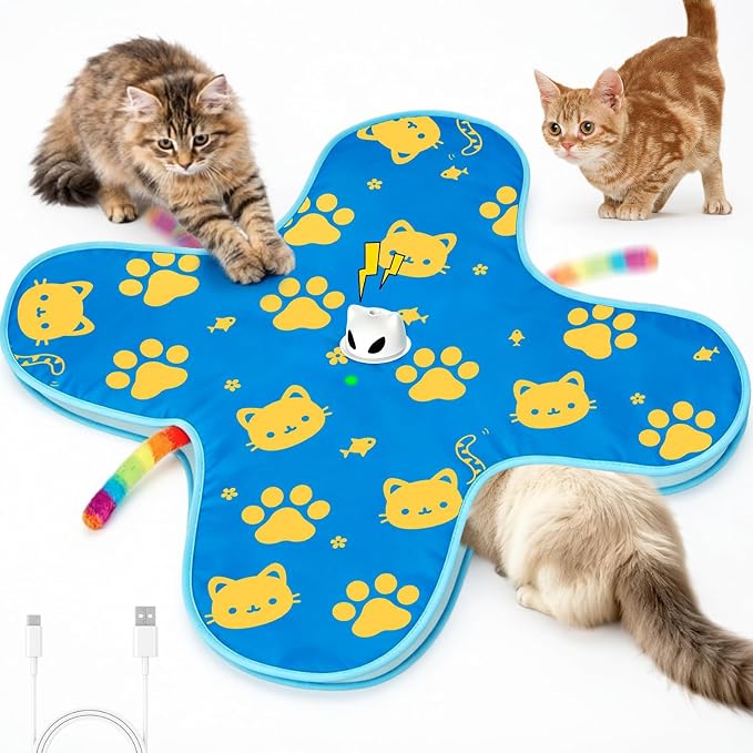 Interactive Cat Toys for Indoor Cats, Rechargeable Hide & Seek Toy | Touch Activated, 3 Speed Modes, 10-Min Auto off, Bird Chirps(can turn off), Hidden Feather Wand for Bored Adult Cats, Blue by Unknown