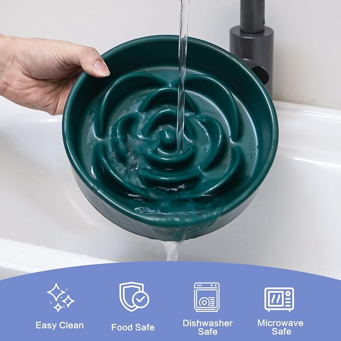 8.25'' Ceramic Slow Feeder Dog Bowls - Petal Shape Modern Dog Food Dish for Medium and Large Breeds, Puzzle Maze Bowl to Slow Down Eating, Anti-Gulping, Dishwasher & Microwave Safe, Green - Image 6