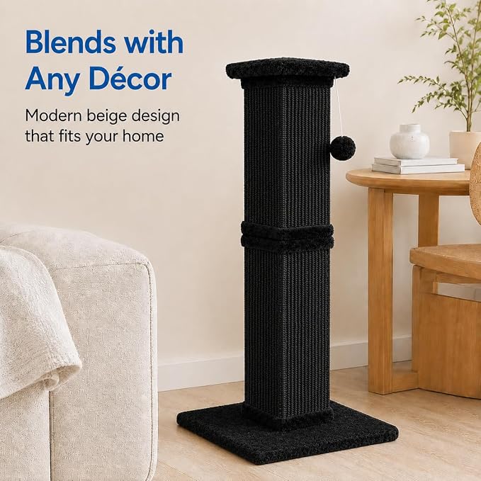 Cat Scratching Post for Indoor Cats, Sisal Cat Scratcherl, 32 Inch | Full-Body Stretching Cat Scratch Post, Wide Stable Base, Heavy Duty Post for Cat Adults to Protect Furniture, Pure Black - Image 7