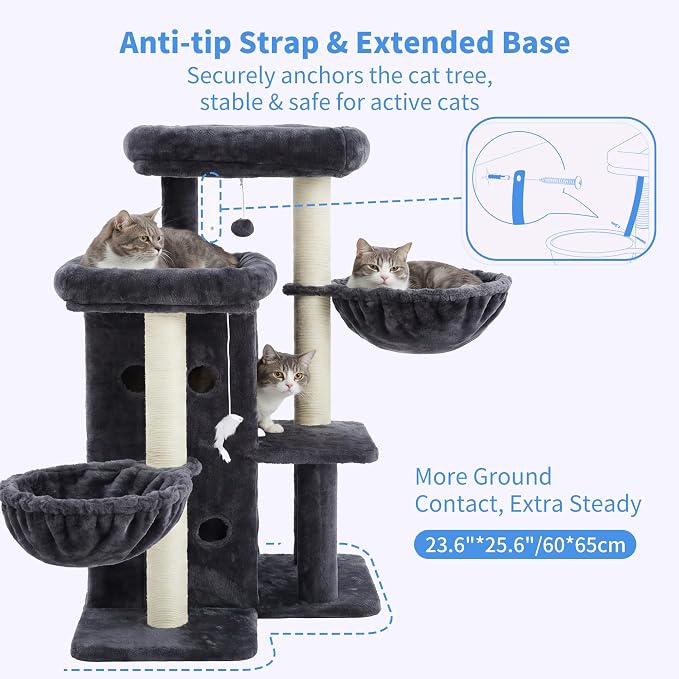 Heybly Cat Tree with Reinforced Big Base, 41.3 in Sturdy Cat Tower HCT075G | Indoor Cat Furniture Featuring 2 Roomy Platforms, Double Condos, 2 Cozy Baskets, Full Sisal Scratching Posts, Smoky Gray - Image 7