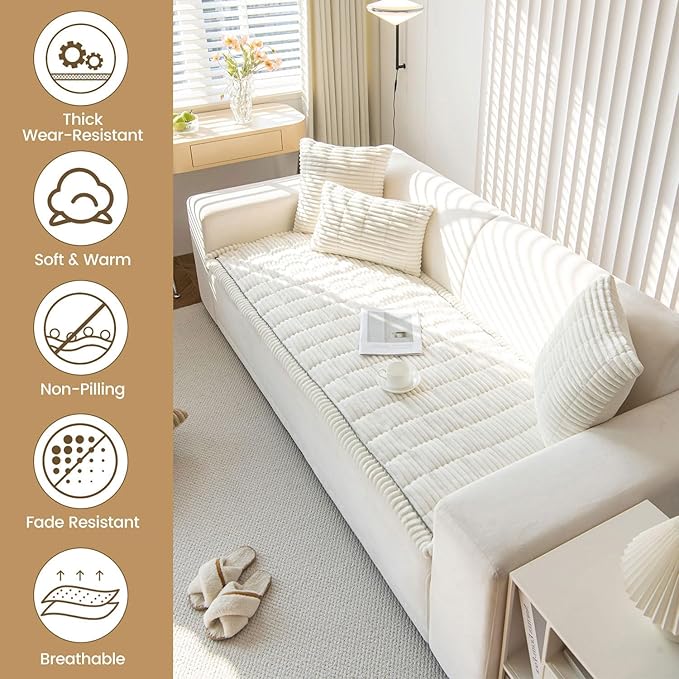 OTOB Washable Couch Covers for 3 Cushion Sofa Non Slip Pet Dog Sofa Cover | Cream, 27.6" x 82.7", All Seasons, Soft Fuzzy Plush, Couch Protector for Dogs, Breathable, Thick Wear-Resistant - Image 2