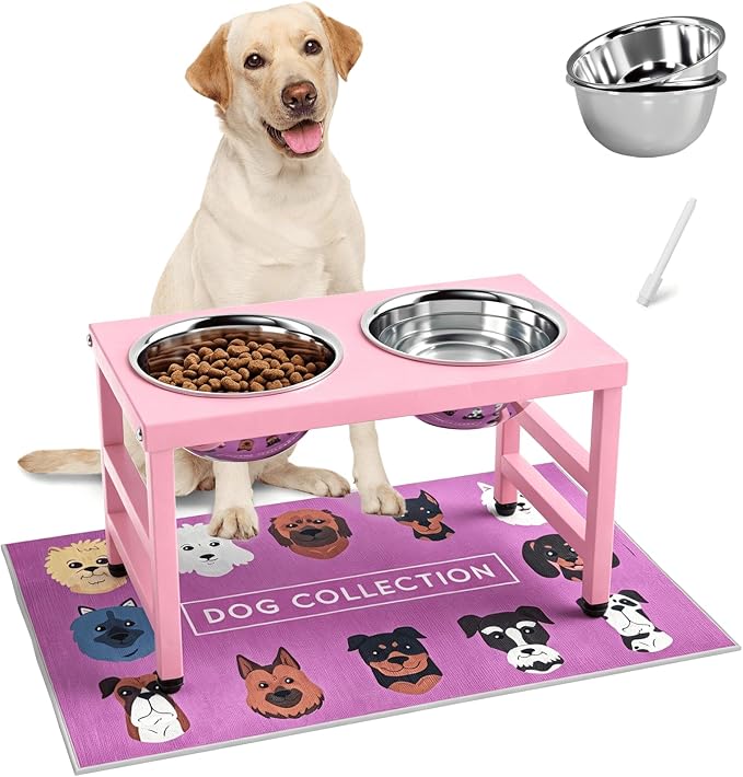 Raised Dog Bowl Stand 10 Inch Tall, Elevated Pet Feeder with 2 Stainless Steel Bowls (1700ml/58oz) & Anti-Spill Silicone Mat for Large Dogs, Stable Metal Frame Feeding Station, Pink by ADENGL