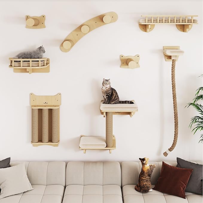BYBYME 8 Pcs Cat Wall Climbing Set, Wood Cat Furniture with Scratching Posts, Kitten Perch, 100CM Sisal Rope & Cat Bed, Wall Mounted Cat Shelves for Sleeping, Playing & Relaxing（Natural Wood） - Image 2