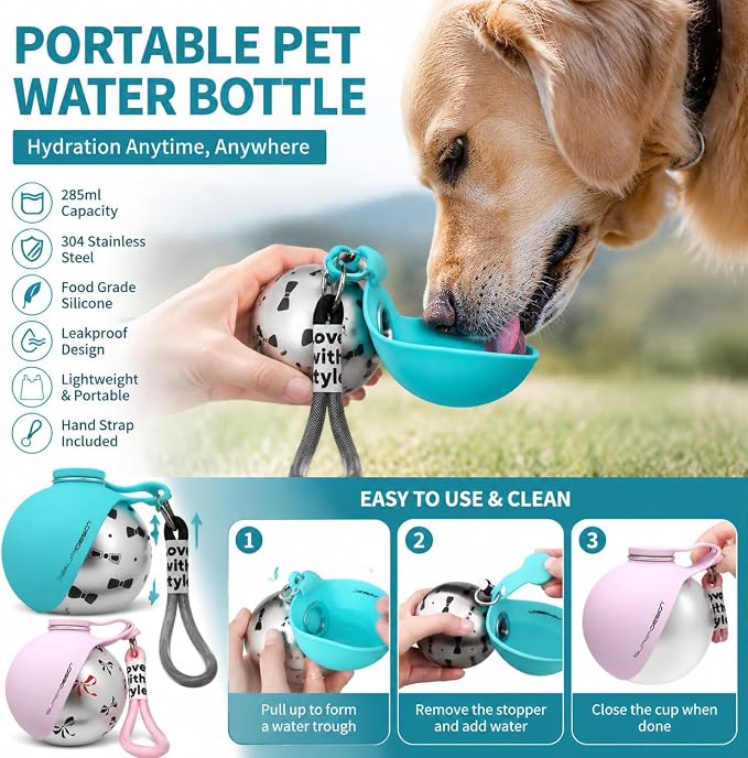 2-in-1 Portable Dog Water Bottle, 10 oz Stainless Steel with Foldable Bowl | Sealed lid, BPA-free silicone, carry strap, easy-rinse design for walks, hikes, and travel - Image 6