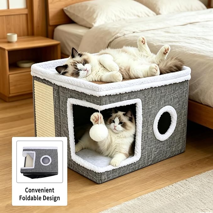 Foldable Cat Cave Bed for Indoor Cats, Cat Hideaway House with Hanging Fluffy Ball & Scratch Pad, Side with Toy Storage and Summer Cooling Mat, 16.14x16.14x12.2 Inches, Grey - Image 8