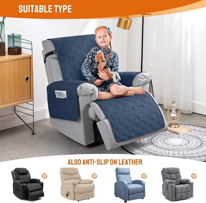 VANSOFY 100% Waterproof Recliner Chair Covers Washable, Navy Blue, 23.6" | Non-Slip, Slipcover with Pocket, Furniture Protector, Elastic Straps, Chair Cover for Pets, Dogs - Image 5