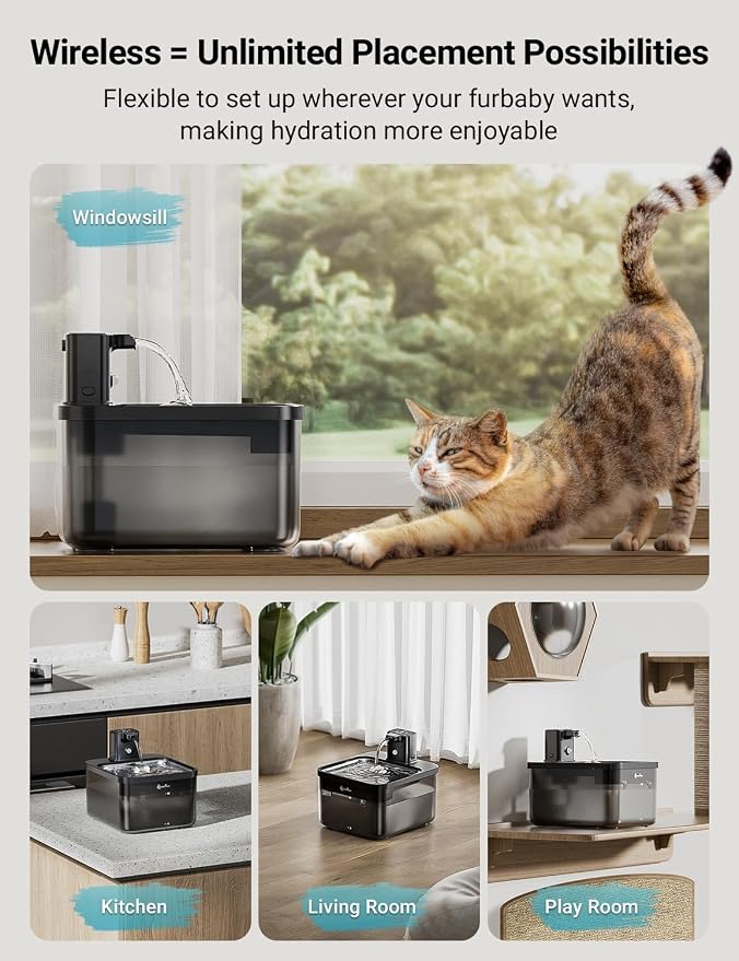 DownyPaws Cat Water Fountain Cordless, Pet Fountain, 84oz/2.5L, Black Pro | Wireless Cat Drinking Water Fountains for Cats Indoor, Fursink , Battery Operated, Motion Sensor, Ultra Quiet Pump, BPA-Free - Image 2