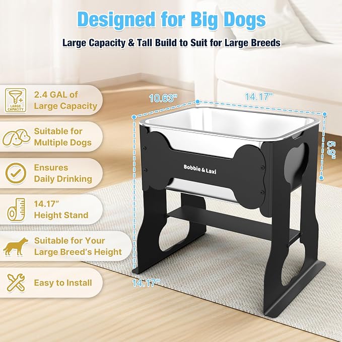 Bobbie & Laxi 14" Elevated Dog Water Bowl, 2.4 Gal Stainless Steel Bowl | Raised Dog Bowl for Large Breed, Metal Dog Feeding Station for Relief Joint Pressure, Easy Clean for Indoor & Outdoor Use - Image 4