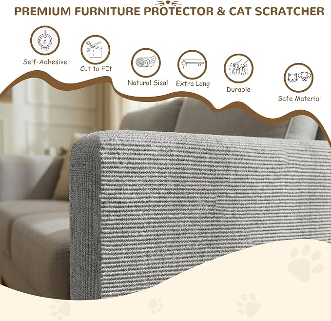 2 Pack 78Inch Grey Cat Scratch Mat for Couch, Trimmable Cat Carpet Self-Adhesive. Durable Cat Scratching Mat, Leather Couch Cat Scratch Protector and DIY Climb Furniture Protector from Cat Claws. - Image 2