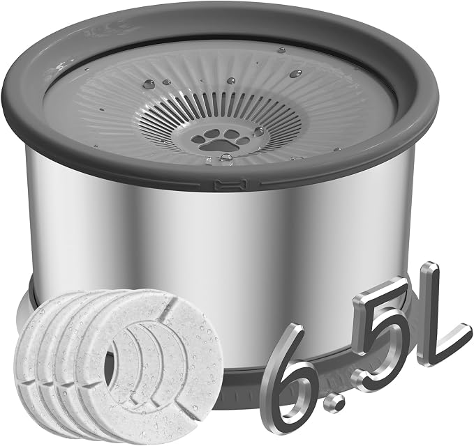 6.5L Dog Water Bowl No Spill 1.6 Gallon Stainless Steel Water Bowl with 4 Filters for Dogs 220oz Large Capacity No Splash Slow Drinking Feeder with Anti-Slip Mat for Messy Drinkers - Image 2