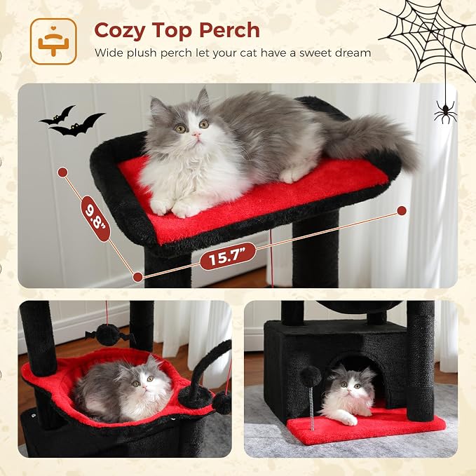 PEQULTI 4-in-1 Gothic Cat Tree for Kittens & Small Cats, 33in Black Tower | Compact 33in cat tower: deep hammock, cozy condo, top perch, sisal post; removable washable cover; wide base for small cats - Image 5
