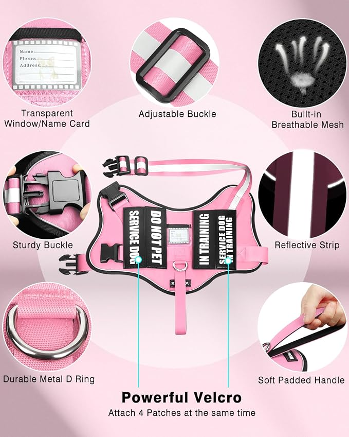 Small Service Dog Vest Harness and Leash Set+10 Patches Pink XS | Adjustable Reflective Do Not Pet Emotional Support Dog Vest with 2 Soft Padded Handle,MOLLE,for Everyday Training Hiking - Image 3