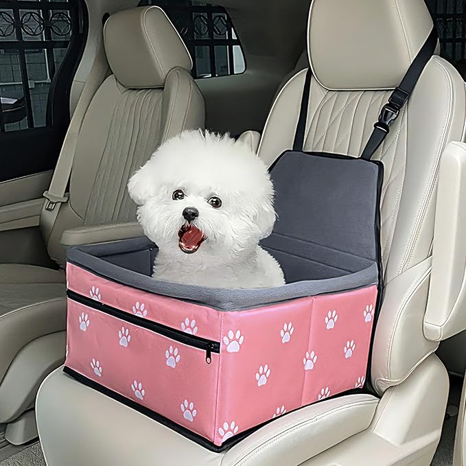 Pet Dog Booster Seat, Upgrading the Framed wall to Prevent Collapse，Breathable and Foldable Pet Car Basket，Removable andWashable pet car seat (Plush Pink) - Image 2