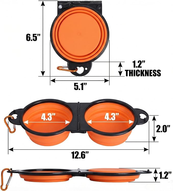 Double Collapsible Dog Bowls for Travel, Food & Water with Clip, Orange | 13.5 oz each, folds flat, carabiner clip, walking, hiking, camping, for small and medium pets - Image 3