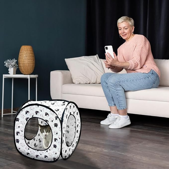 Andiker Cat Tent, 3 Holes Safe and Strong Cute Cats Tunnel Collapsible Easy to Carry Cat House for Indoor Cats Kittens Hiding Playing Training Sleeping (Square Black) - Image 6