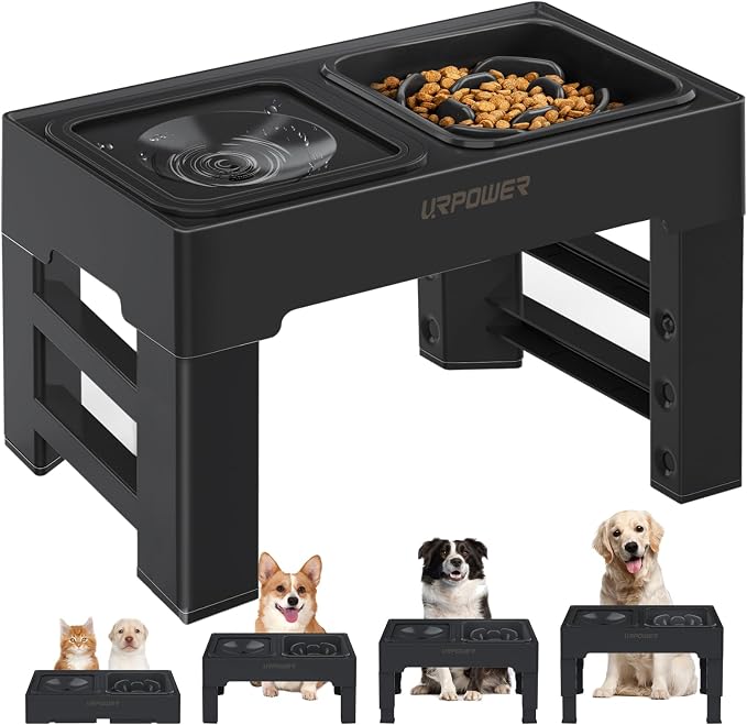 URPOWER 2-in-1 Elevated Slow Feeder Dog Bowls with No-Spill Water Bowl | 4 Height-Adjustable Raised Dog Bowls, Non-Slip Food and Water Bowls with Stand for Small, Medium, Large Dogs, Cats and Pets by URPOWER