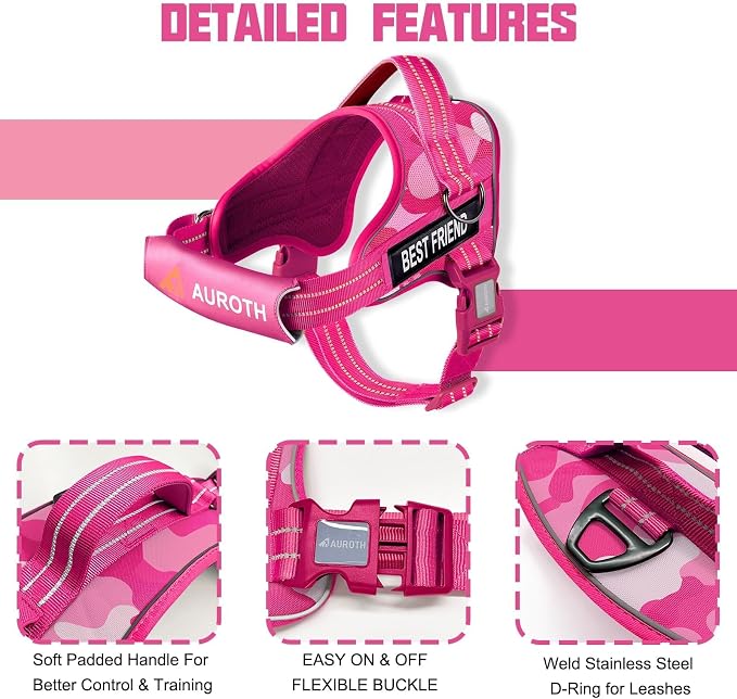 AUROTH Dog Harness and Leash Set for Medium Sized Dog, No Pull Dog Vest | with 5.25FT Dog Leash, Breathable Soft Padded, No choke, Reflective Tactical, Easy to Put on & Take Off - Pink Camo Medium - Image 7