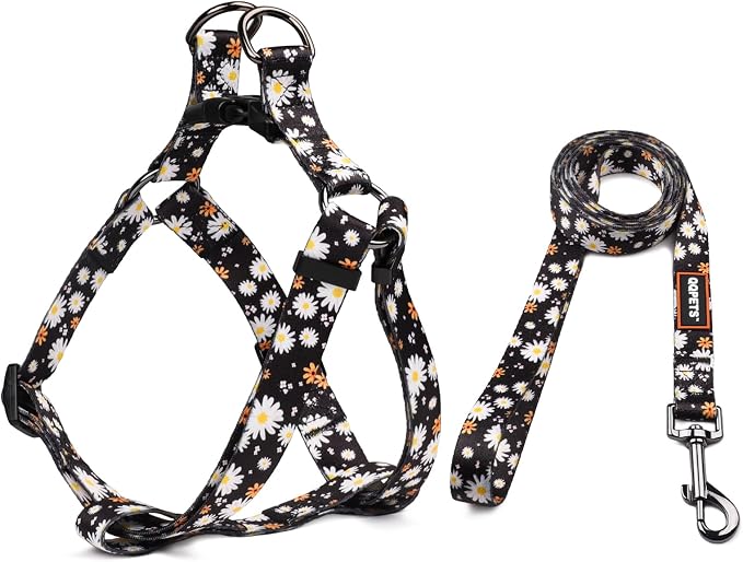 Dog Harness Leash Set Adjustable Heavy Duty No Pull Halter Harnesses for Small Medium Large Breed Dogs Back Clip Anti-Twist Perfect for Walking (M(19"-26" Chest Girth), White Daisy) by QQPETS