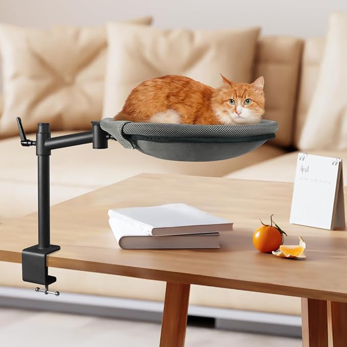 Cat Desk Bed - Sturdy Cat Bed for Desk with 360° Rotating & Adjustable Height, Elevated Cats Nest Perch for Desk, Grey - Image 8