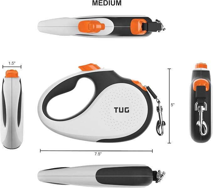 TUG Original Retractable Dog Leash, 16 ft (Medium, White/Orange) | 360° Tangle-Free Retraction, 16 ft Tape, Quick Thumb Lock, Anti-Slip Handle, For Dogs Under 55 lbs - Image 2