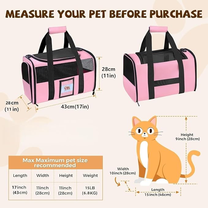 Large Soft Cat Carrier with Detachable Food Bowl,Pet Bag (Up to 28 lbs) | Puppy Kennel with Lockable Zippers for Small Dog, Kitten,Medium Travel Carrying Case for Car Airline Transport,Pink - Image 4