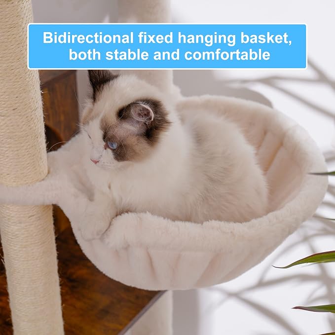 Hey-brother Wooden Cat Tree Tower with Hammock for Indoor Cats, MPJ120SR | 66.14 Inches Modern Scratching Post with Large Condo, Plush Top Platform, Cozy Basket, Bed, Hanging Toys, Rustic Brown - Image 4