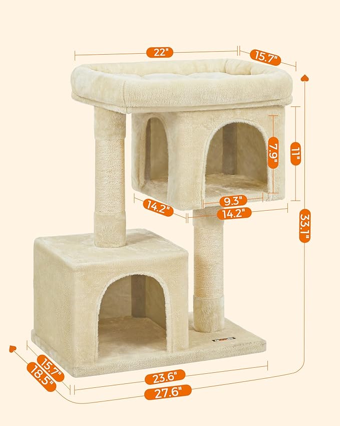 Feandrea Cat Tree, 33.1-Inch Cat Tower, Plush Condo for Large Cats up to 16 lb, Large Perch, 2 Caves, Scratching Post, Beige UPCT61M - Image 5