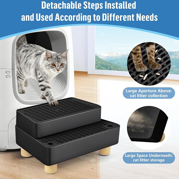 Extra Large 2 Steps Cat Litter Box Step Ramp, Cat Litter Catcher Mat with Wooden Feet, Filter Function, Cat's Pedal Stool for Self-Cleaning Litter, Suitable Kitten & Elderly Cats (Black) - Image 3