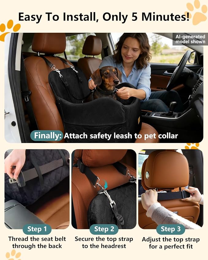 Dog Car Seats for Small Dogs Up to 35 lbs, Machine Washable Puppy Car Seat | 2-in-1 Dog Bed for Car with 6" Elevated Cushion, Dog Booster Seat with Safety Leashes, Pockets, Fits Front/Back Seats (Black) - Image 6