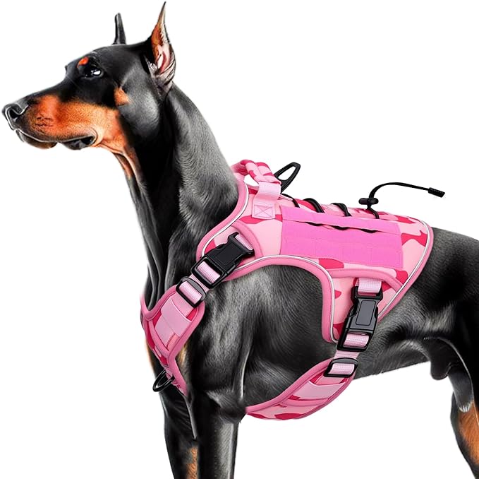 Heavy-Duty Tactical Dog Harness for Large Dogs, No Pull Adjustable Reflective Pet Vest with Molle System, K9 Military-Grade Control for Service Training, Outdoor & 10+ Breeds, Pink Camo, Large by Bruvoalon