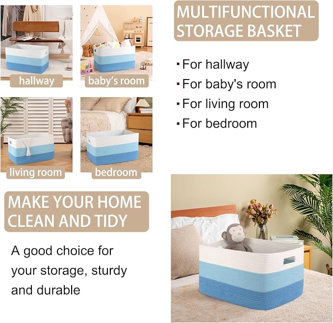 OIAHOMY Blanket Basket Laundry Basket Dog Toy Basket 75L Light Blue | Large Storage Basket,Baby Basket,Toy Storage,Woven Rope Basket for Blankets,Blanket Storage for Living Room - Image 4